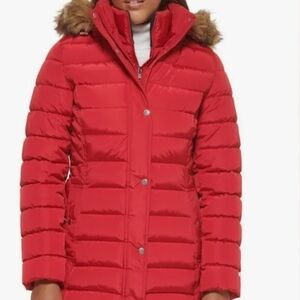 Tommy Hilfiger Women's Red Puffer Coat with Faux Fur Hood